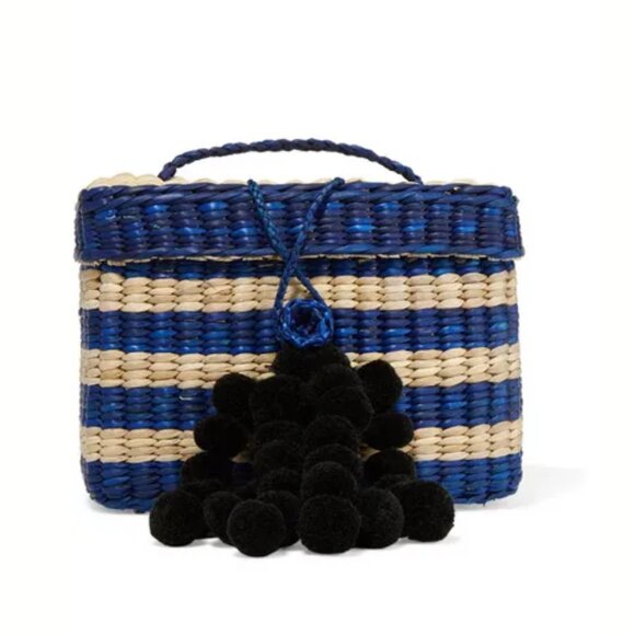 NWT Nannacay Baby Roge Striped Woven Raffia Tote Pompom-Embellished - Picture 1 of 13